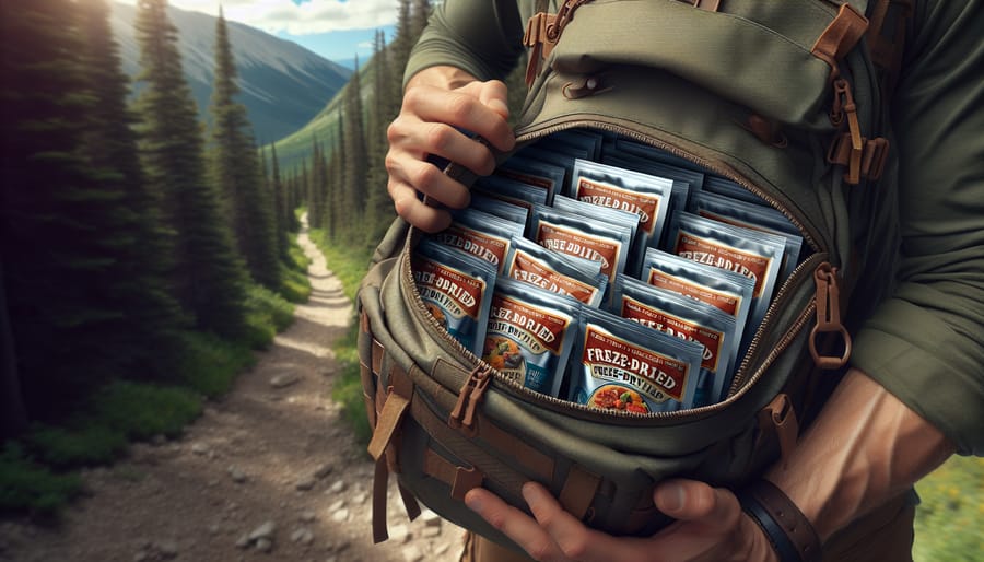 A close-up of a hiker’s backpack open to reveal packets of freeze dried treats, highlighting their convenience and portability, with a blurred nature scene in the background.