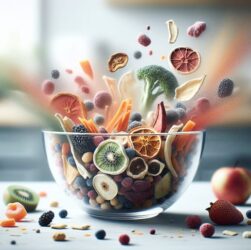 A vibrant assortment of freeze dried fruits and vegetables arranged in a glass bowl on a white kitchen counter, highlighting their texture and color.