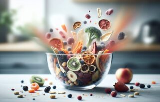 A vibrant assortment of freeze dried fruits and vegetables arranged in a glass bowl on a white kitchen counter, highlighting their texture and color.