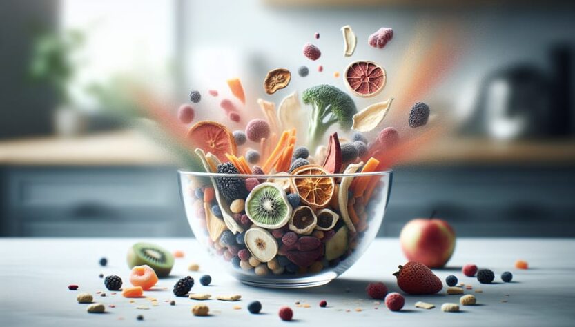 A vibrant assortment of freeze dried fruits and vegetables arranged in a glass bowl on a white kitchen counter, highlighting their texture and color.