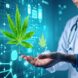 A healthcare professional interacting with futuristic medical technology interfaces, subtly intertwined with cannabis leaves and THC molecule designs, highlighting the theme of THC's role in medical advancements.