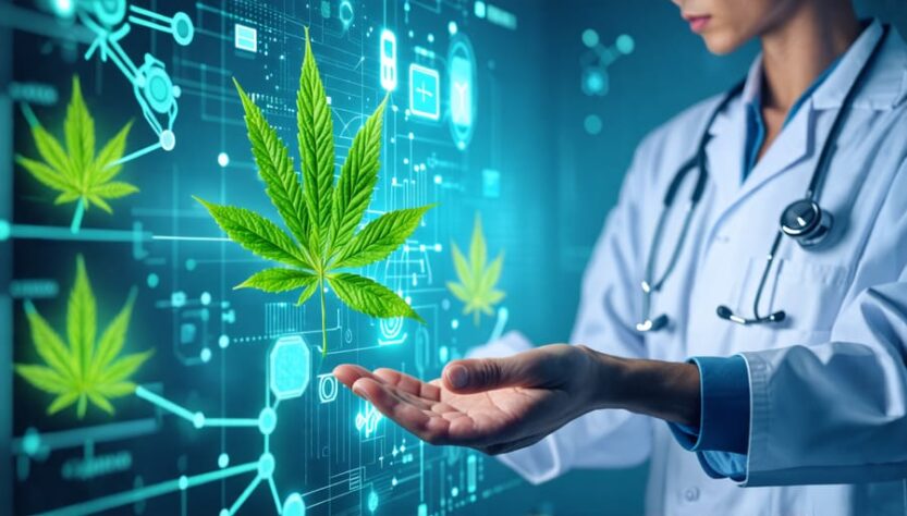 A healthcare professional interacting with futuristic medical technology interfaces, subtly intertwined with cannabis leaves and THC molecule designs, highlighting the theme of THC's role in medical advancements.