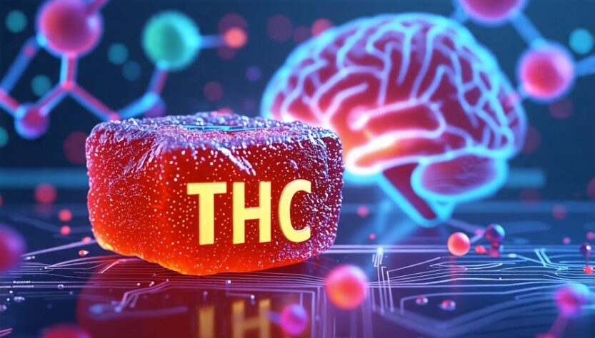 Illustration of a THC gummy alongside a depiction of THC molecular structure interacting with a cross-section of a human brain, highlighting medical innovation and therapeutic benefits.