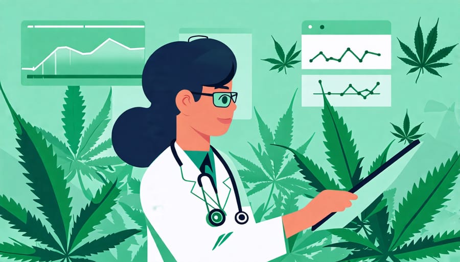 A doctor reviewing medical data with cannabis imagery in the backdrop