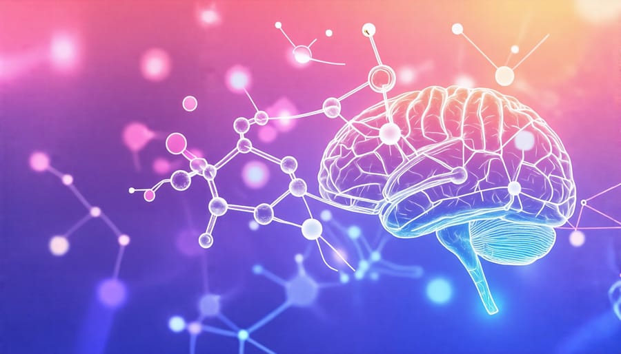 Conceptual illustration of THC molecules interacting with brain neurons to illustrate the effect on the body