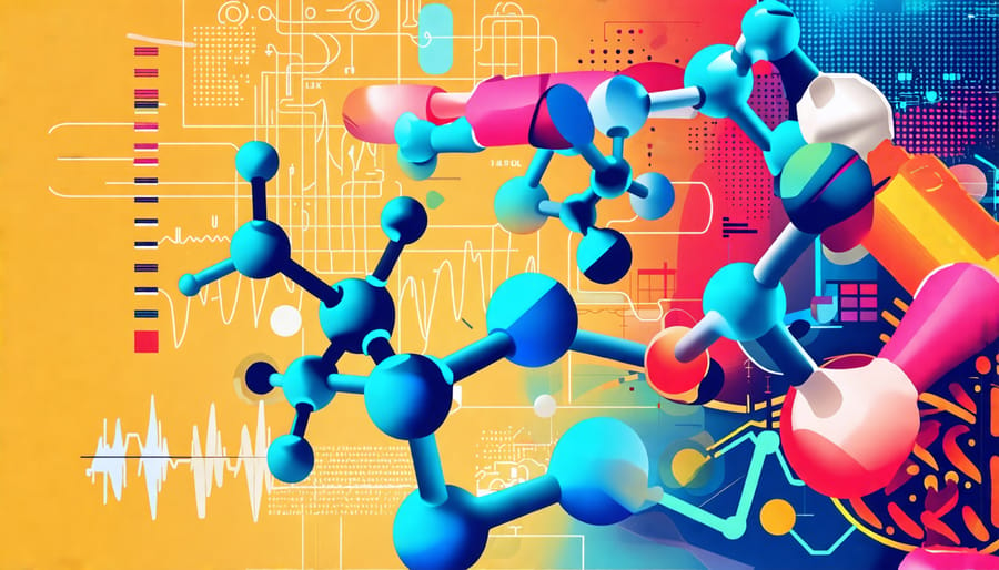 Abstract representation of THC molecules amidst various medical technology symbols