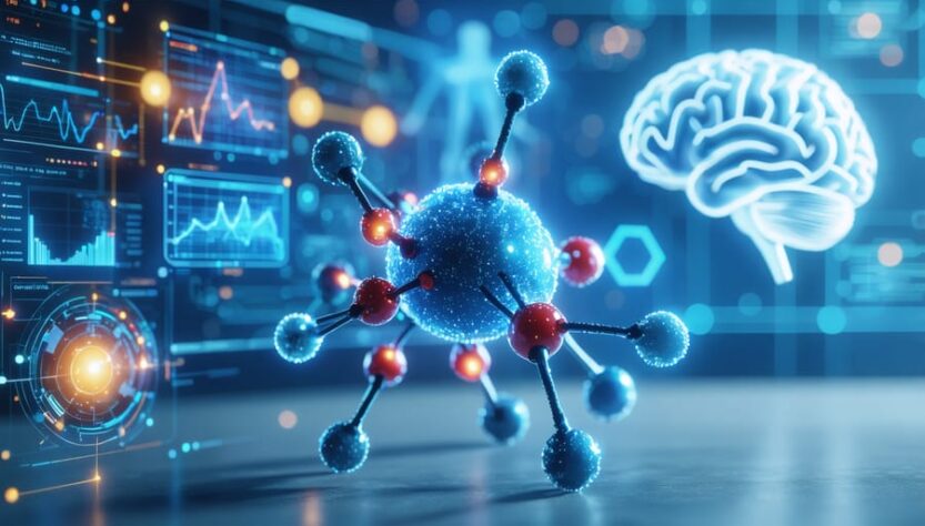 An illustration showing the THCA molecule interacting with futuristic medical technology, representing its therapeutic potential and role in medical innovation.